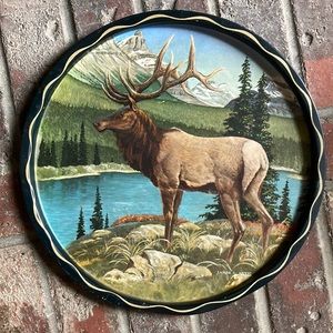 James L. Artig Wildlife Tin 11" Plate Moose Forest Mountain 1960s Vintage